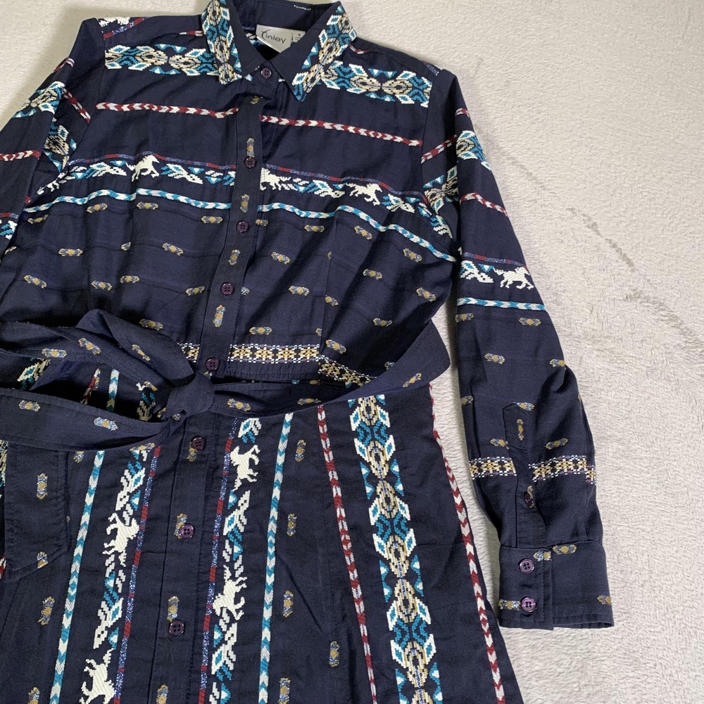 Finley Southwestern Horse Print Jacquard Belted Shirt Dress Womens Small USA - Picture 3 of 14